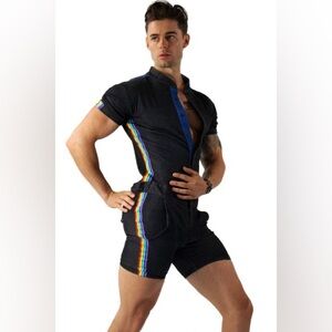 RARE 🌈 GLIMMS NEW YORK Mens Black Jean Romper Rainbow Stripe Sz Large LIKE NEE